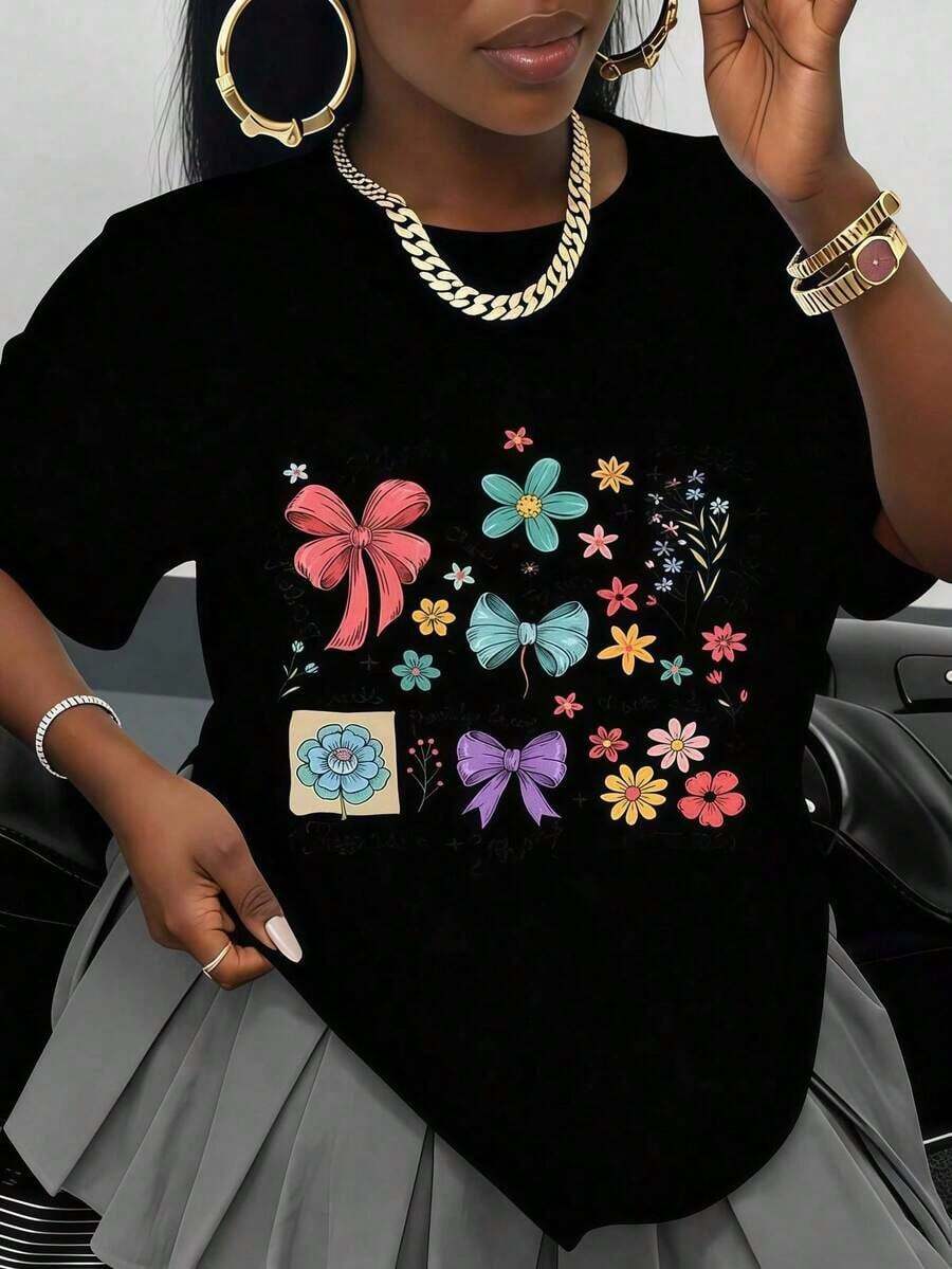 KoreanGraphicCamiseta De Mujer Con Diseño De Versículo Bíblico Floral Ella Es Mamá Un Hermoso Regalo Elegido, Fuerte Y Capaz Para La Madre En Primavera Y Verano Summer Essentials,Summer Outfits For Women,Graphic TeesSummer Top - Negro - Ver 1