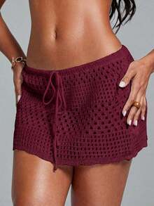 Swim Lushoire Falda pareo con dobladillo ondulado para la playa, con patrón geométrico perforado y floral - Burdeos - Ver 1