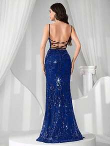Vestido de noche con abertura alta en el muslo, con lentejuelas y diseño de patchwork, con espalda descubierta y silueta de sirena para mujer - azul real - Ver 2