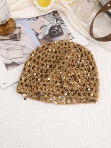 1pc Fashionable Sequin Hollow-Out Floral Knit Hat For Women - Multicolor - View 4