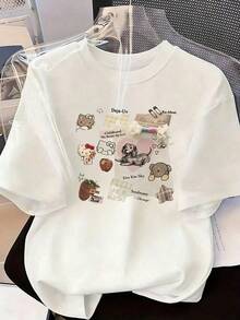 Cute Character Collage T-Shirt With Scrapbook Elements,  Short-Sleeve T-Shirt For Spring/Summer 2026, Made In Mexico, 180 Grams. Cartoon Print, Couple Design, Suitable For Indoor Or Outdoor Wear. Crew Neck, Unisex, Ideal For Office And Leisure. One-Pack. - WH-P631577SLNDXZGY506 - 查看 2