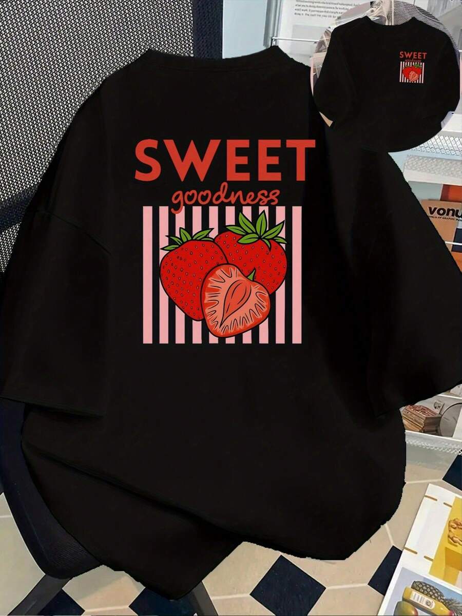 180g Cotton Short Sleeve T-Shirt - Short Sleeve T-Shirt With Front And Back Print - Strawberry, Sweet - Fashionable Printed T-Shirt For Women, Spring/Summer, Fashion Item, Versatile Casual Wear - Unisex. - 黑色 - 查看 1