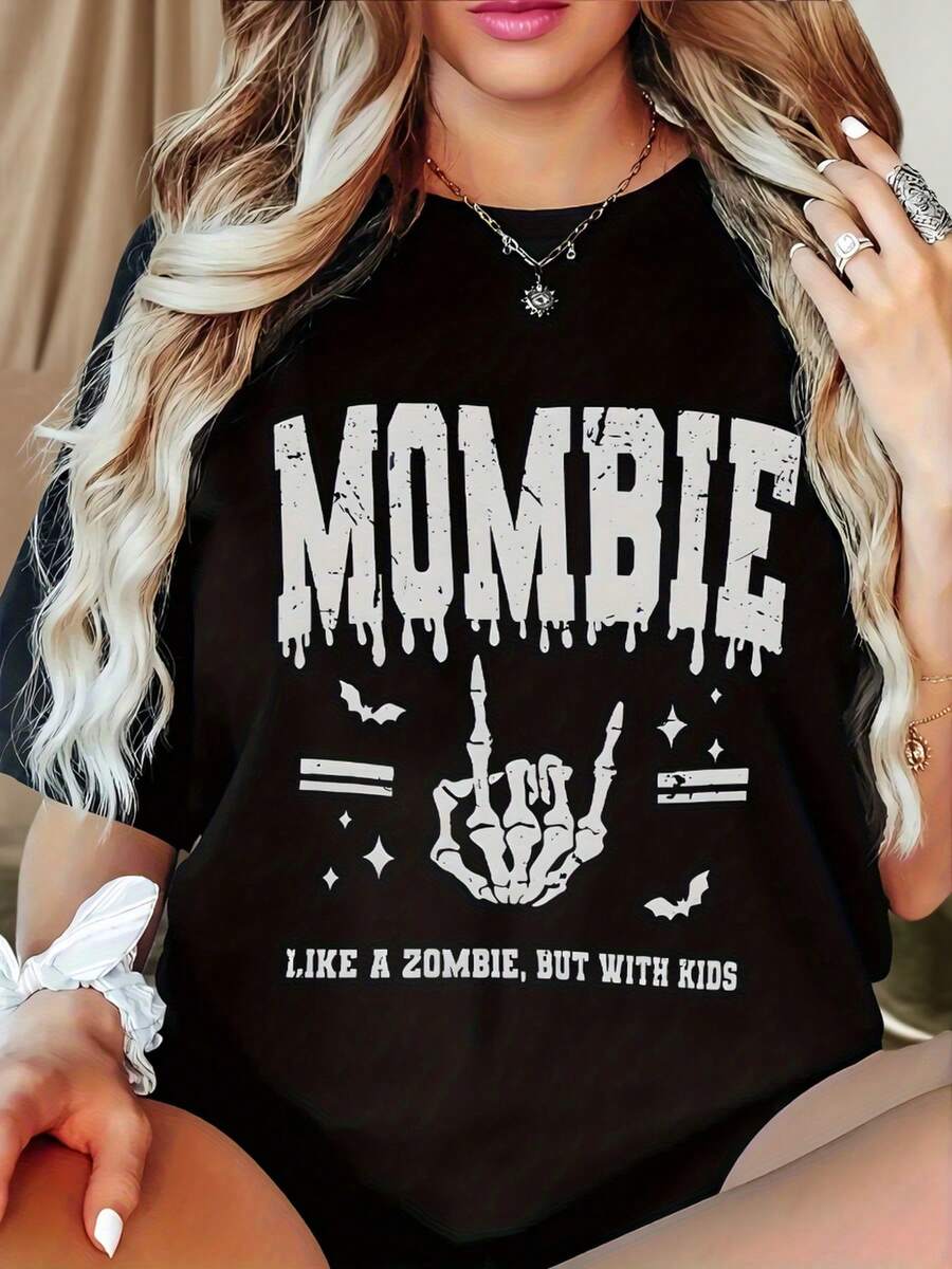 Plus Size - Plus Size - A Stylish Plus Size Women's Casual Crew Neck T-Shirt Featuring A Self-Deprecating Rock-Inspired 'MOMBIE' Design With A Skeleton Hand Making A Rock 'n' Roll Gesture, Perfect For Spring And Summer - 黑色 - 查看 1