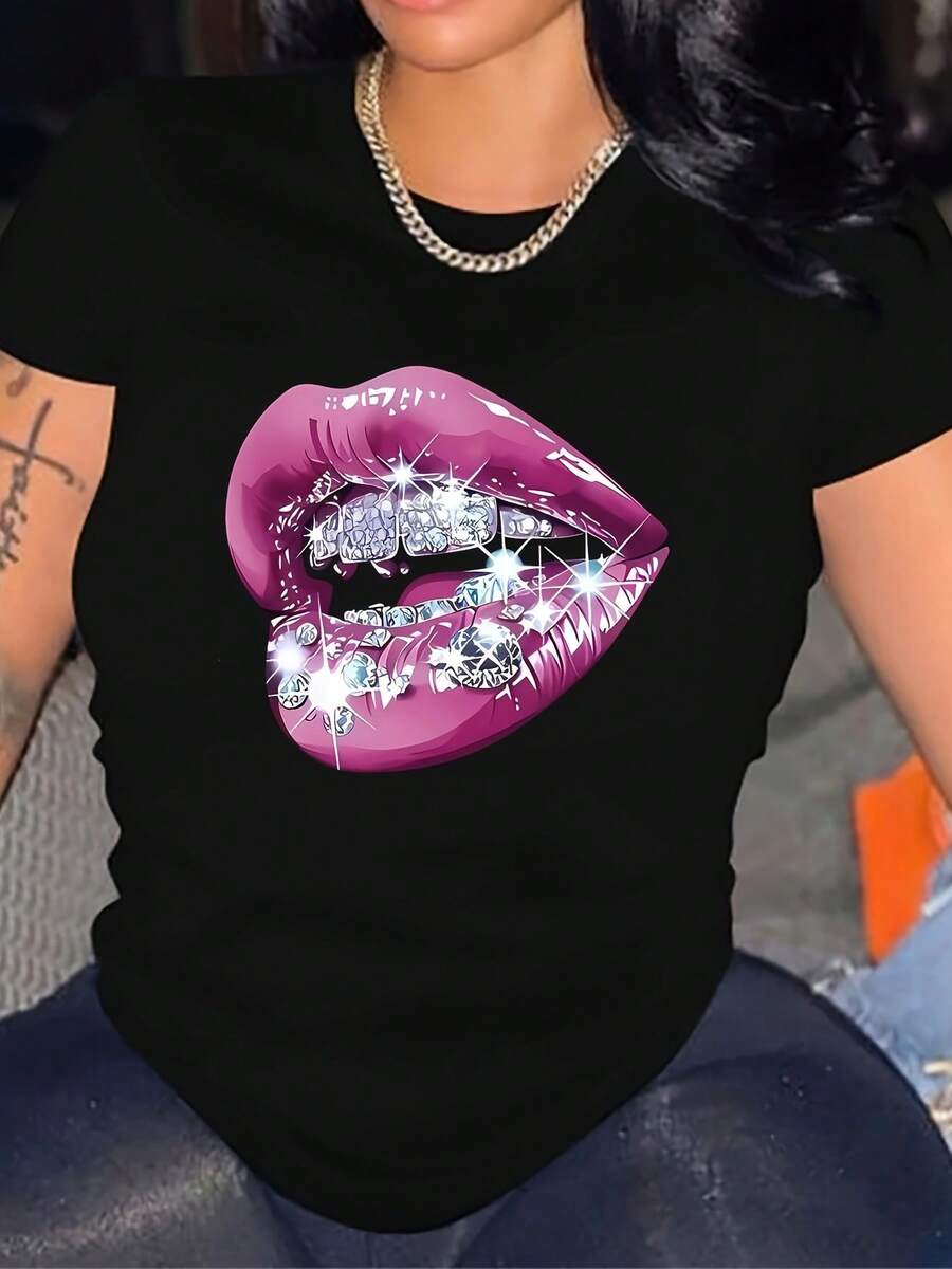 [Soft Black T-Shirt] Women's Soft Black Casual T-Shirt | Sparkling Purple Lips Graphic, Short Sleeve, Crew Neck | Ideal For Summer & Spring - 黑色 - 查看 1