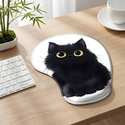 1pc Soft & Cute Black Furball Wrist Rest Mouse Pad, Non-Slip Pressure Relief Pad With Adorable Black Kitten Design On White Background, Healing And Eye-Catching