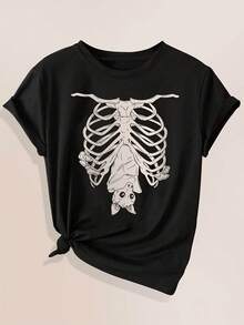 Plus Size Skeleton Print T-Shirt For Women - Casual Crew Neck, Short Sleeve, Stretchy Orange Top With Bone Design, Perfect For Spring/Summer/Autumn, Halloween Outfits, Casual Wear | Playful Design | Medium Stretch Fabric - 黑色 - 查看 1