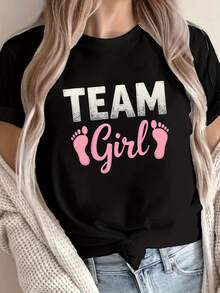 Camiseta con diseño de uniforme de equipo Y2K para mujer 2026 - Camiseta casual de manga corta y cuello redondo, con huellas rosas y letras del equipo, diseño geométrico en gris oscuro y rosa, elasticidad media, lavable a máquina, cómoda para todas las estaciones, ropa para fans, divertida y elástica, ideal para embarazadas. - Negro - Ver 7