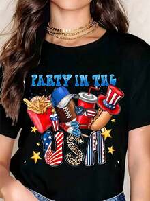 Women's Short-Sleeved T-Shirt, Casual Style, Loose Fit, Round Neck, With Patriotic US Food And Drink Print For Independence Day Celebration, Ideal For Summer. - 黑色 - 查看 2