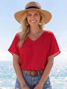 Blusa informal de unicolor con mangas de murciélago para vacaciones, blusas de manga corta para mujer - Rojo - Ver 5