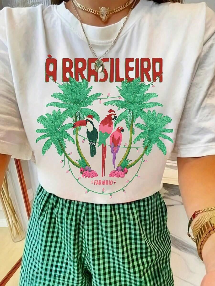 Camiseta ajustada de cuello redondo para mujer de primera calidad - Camiseta con estampado tropical brasileño - Diseño vibrante con temática de Brasil con la Estátua del Cristo Redentor y bailarines, ropa de playa de verano de manga corta y cuello redondo, textura portuguesa y colores portugueses, lavable, ajuste cómodo para todas las estaciones, ideal para uso diario, vacaciones, fiestas, ecológica. - Blanco - Ver 1