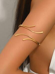 1 pieza Brazalete de metal liso ajustable y retorcido de diseño abierto, elegante y personalizado, adecuado para festivales de música, fiestas de baile y eventos - Dorado - Ver 1