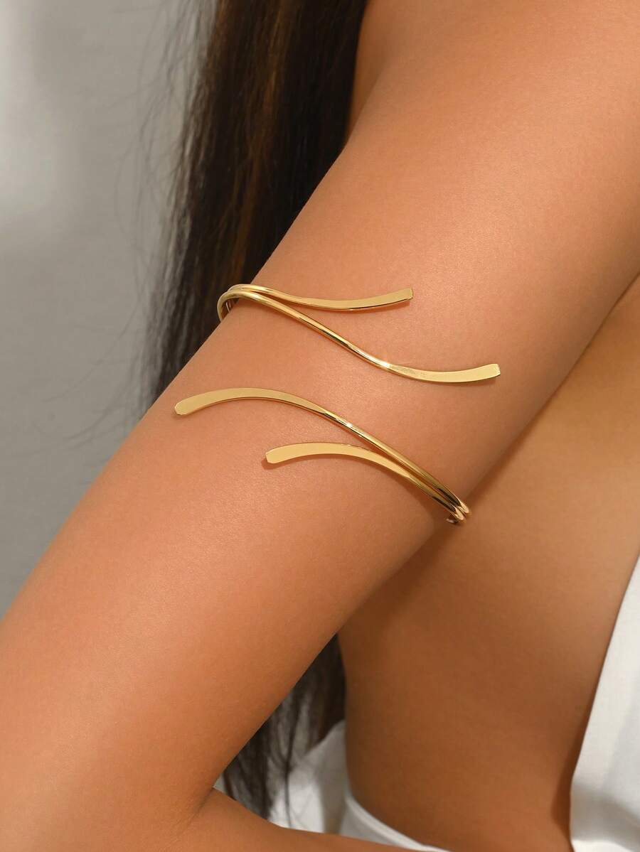 1 pieza Brazalete de metal liso ajustable y retorcido de diseño abierto, elegante y personalizado, adecuado para festivales de música, fiestas de baile y eventos - Dorado - Ver 1