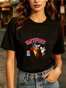 Batfink 180g Fashion T-Shirt For Everyday Wear, Unisex Casual T-Shirt, Gift, Group Wear, Short Sleeve Crew Neck T-Shirt, Fashion Printed T-Shirt For The Holiday Season - Unisex Loose Cotton Short Sleeve Crew Neck T-Shirt In Urban Vintage Style. - 黑色 - 查看 7