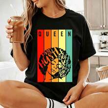 Women's Queen Hustle Soul Graphic Print Short Sleeve T-Shirt, Retro Urban Chic Style Top, Casual Loose Fit T-Shirt For All Seasons 2026, Stylish New Spring Summer Style, Ideal Gift For National Day, Christmas, Halloween. - 黑色 - 查看 5