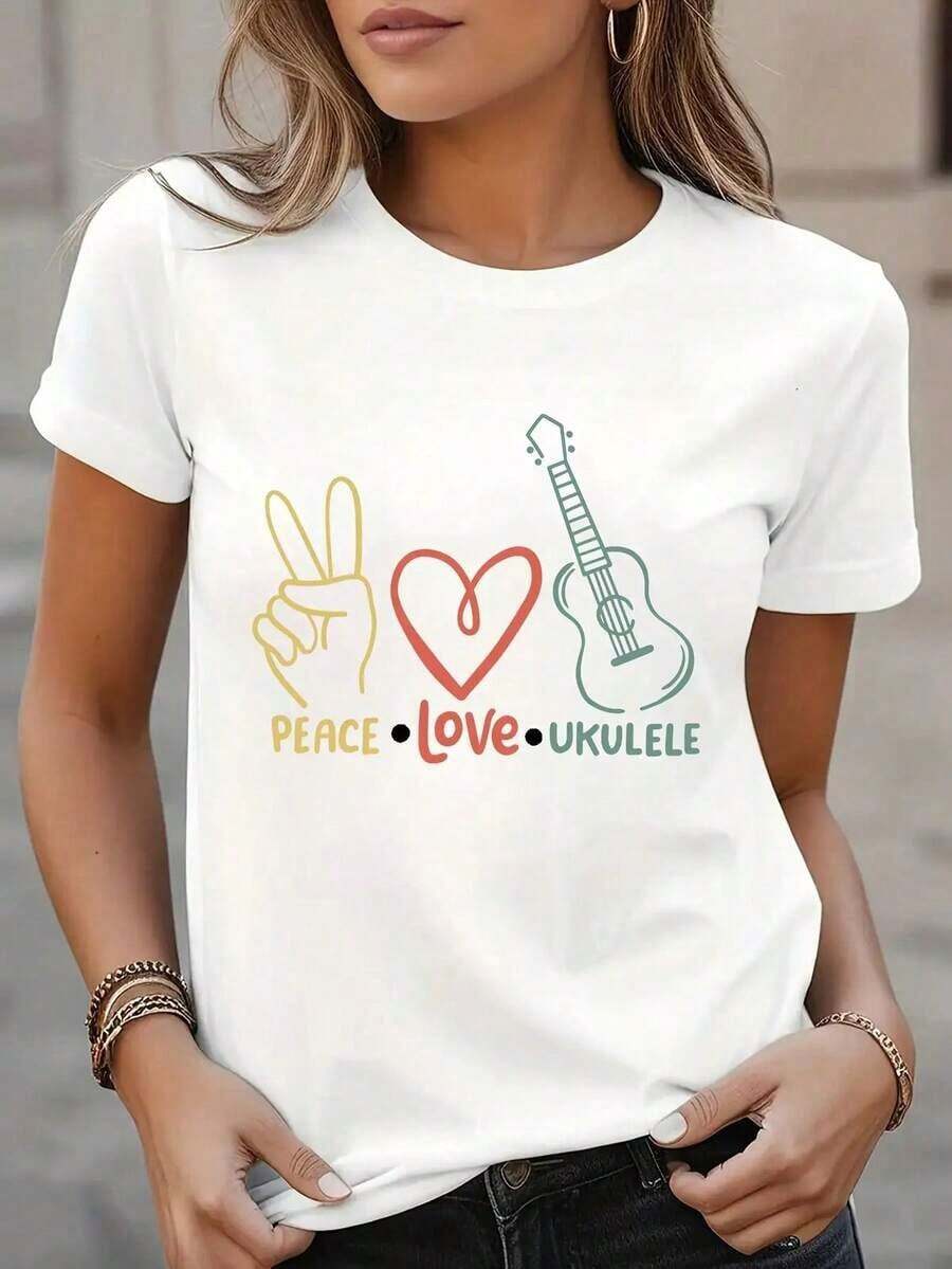 1 Piece Of Women's Casual Graphic Tee - Short Sleeve, Crew Neck, Black With A Colorful Peace, Love, And Ukulele Design, Perfect For Spring And Summer, Casual Spring Wear. | Vibrant Design T-Shirt | Short Sleeve, 180g, 100% Cotton - 白色 - 查看 1