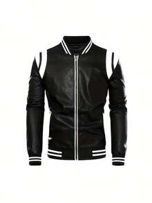 Men's Urban Style Jacket In Synthetic Leather, Long Sleeve With Zip Closure, Regular Fit, Casual Color Block Design, Pockets, Polyester Lining And Baseball Collar. - White - View 7