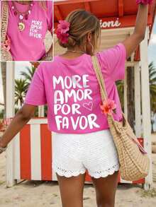 Camiseta de Mujer , Estilo Casual Urbano, Camiseta Gráfica de Manga Corta, Bonita Camiseta de Verano - rosa brillante 3 - Ver 4