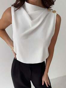 Camisa de oficina blanca sin mangas con cuello plisado asimétrico y botones metálicos, elegante y versátil para el uso diario, primavera/verano - Blanco - Ver 5