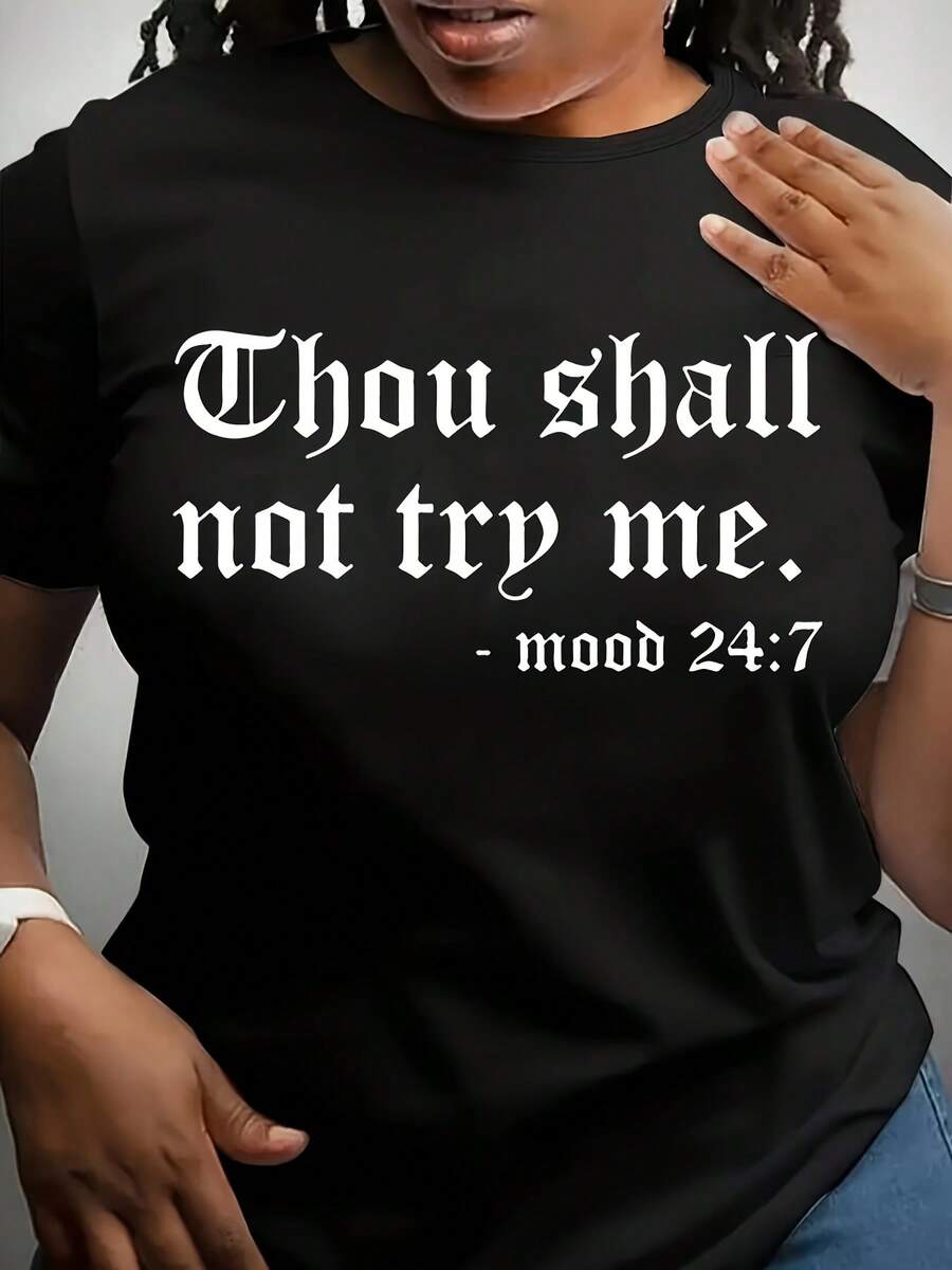 Plus Size, Casual, Crew Neck T-Shirt With Letter Print - 黑色 - 查看 1