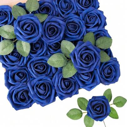 Classic Artificial Roses - 25 Pcs PET Navy Blue Foam Fake Flowers With Stems For DIY Wedding Bouquets, Bridal Shower Centerpieces, Party Table Decor, Valentine's Day, Birthday Gifts, Graduation Gifts