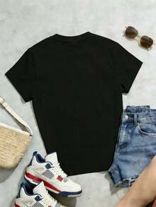 Camiseta de manga corta con cuello redondo suave y casual para mujer, estampado gráfico de chica estrella de K-Pop, adecuada para uso diario. Negro. - Negro - Ver 3