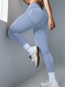 sin costuras de cintura alta de unicolor para uso diario, fitness y yoga para mujeres - Azul 2 - Ver 8