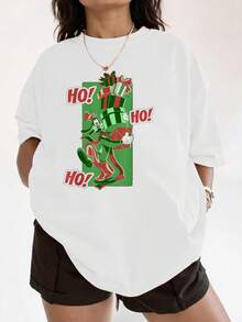 Cheerful Christmas Graphic With A Fun Character Stacking Red And Green Gifts While Expressing Festive Enthusiasm. Ho Ho Ho! Comfortable And Soft Women's T-Shirt, Ideal For Parties And Casual Wear. - 白色 - 查看 1