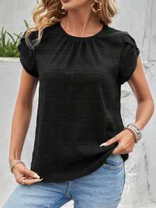 Blusa con manga de pétalos y parte trasera con cerradura y un solo color - Negro - Ver 5