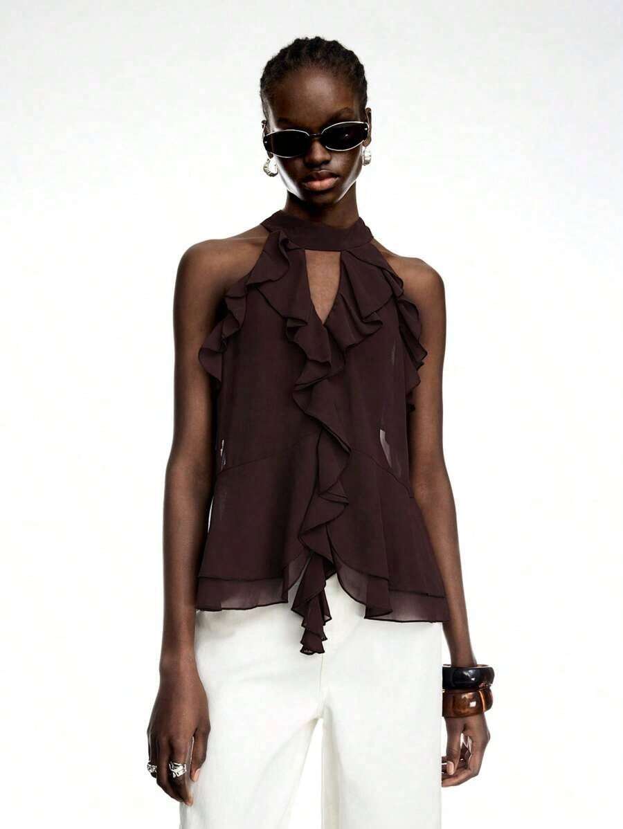 Elegant Solid Color Halter Top With Ruffles For Women - 全穀類咖啡 - 查看 1