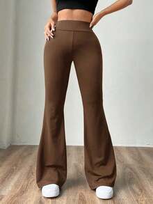 Pantalones de punto azul marino con campana para mujer - Marrón - Ver 6