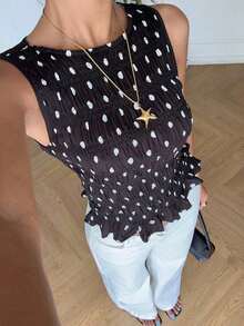 Gaze Blusa de verano con estampado de cerezas, cuello redondo, volantes en el bajo, para mujer.Top rojo vino, top de verano rojo, top rojo y blanco, top de lunares - Negro - Ver 5