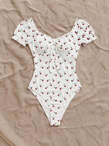 Body con estampado floral de hombros descubiertos ribete fruncido con nudo delantero pecho con fruncido - Multicolor 2 - Ver 5