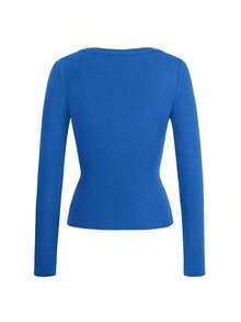 Women's Fitted And Sexy Knit Top, Long Sleeve, V-Neck, Solid Color, Casual Spring T-Shirt, White. - 寶藍色 - 查看 4