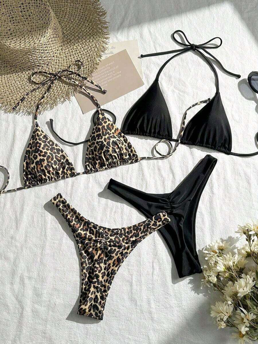 Swim Vcay Nuevo conjunto de bikini con múltiples piezas, de tiras de espagueti, corte alto y estampado de leopardo y unicolor - Multicolor 7 - Ver 1