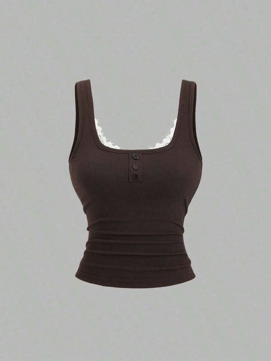 Camiseta de tirantes casual de mujer con parches de encaje - Marrón - Ver 1