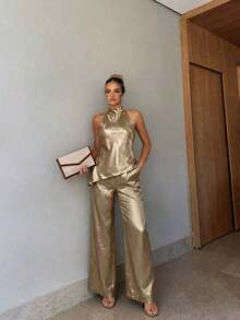 Conjunto de 2 piezas de top de cuello halter y pantalones en color café para mujer, estilo de uso diario - Dorado - Ver 3