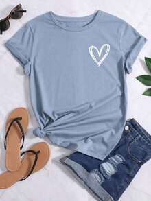Women's T-Shirt With Heart Print And Round Neck - Blue - View 8