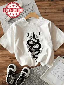 Snake Graphic Print T-Shirt, 220g, 1 Piece, Women's Casual T-Shirt 100% Cotton, Mystic Moon Phase Floral Style, Stylish Streetwear - 白色 - 查看 8