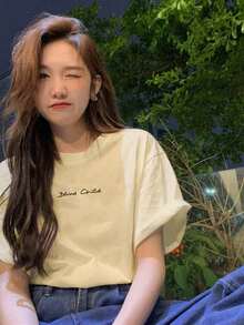 Made In Japan, Spring/Summer Cotton Short Sleeve T-Shirt, Round Neck, Loose Fit, Versatile, With Simple English Letter Print - Apricot - View 5