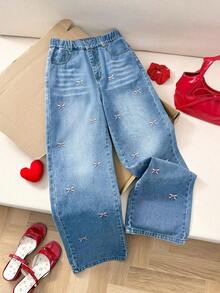 Jeans de pierna ancha para adolescentes, nuevos pantalones rectos con diseño bordado de moño, pantalones vaqueros holgados, pantalones vaqueros holgados para mujer, pantalones vaqueros holgados para niñas, pantalones vaqueros holgados para - Azul 5 - Ver 4