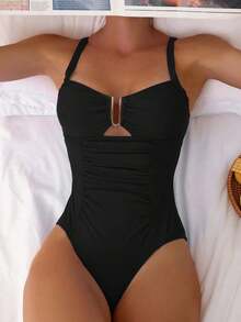 Swim Chiccia Nuevo traje de baño de una pieza elegante de unicolor, exquisito, para mujeres, para playa, natación y spa, temporada primavera/verano 2026 - Negro - Ver 3