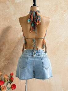 Blusa de mujer con encaje bordado, escote halter, espalda descubierta, tirantes con lazo, bajo fluido y elegante, adecuada para la playa, cruceros y resorts - Multicolor - Ver 2