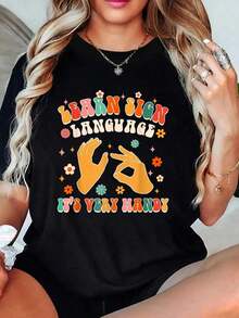 100% Cotton Women's Cotton T-Shirt, Learn Sign Language, It's Very Useful, ASL Teacher, Cool ASL T-Shirt, Cute Blouses For Women - 黑色 - 查看 6