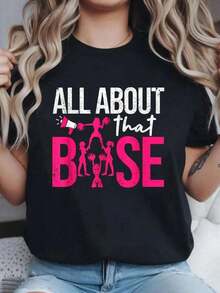 100% Cotton Funny Cheerleader T-Shirt With "All About That Base" Print, Casual Short Sleeve Crew Neck T-Shirt, Comfortable For Spring And Summer, Women's Clothing - 黑色 - 查看 6