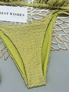 Conjunto de bikini sexy de cuello halter y lazo para mujer en bloque de color para vacaciones, playa de verano - Verde militar - Ver 4
