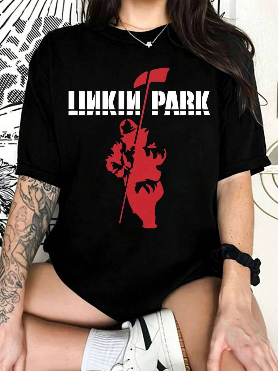 Linkins Parks Graphic T-Shirt With Soldier Flag Silhouette, T-Shirt For Nu Metal Band Fans - Black - View 1