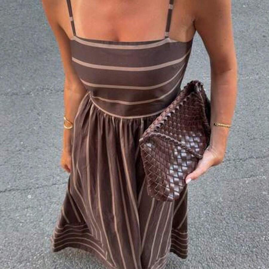 Women's Striped Ruffle Hem Casual Spaghetti Strap Dress,Summer Dresses For Women - Marrón - Ver 1
