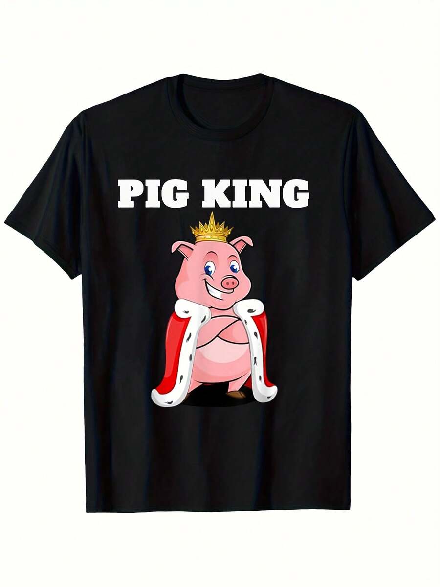 Camiseta Gráfica Negra para Hombre con Diseño de Rey Cerdo - Manga Corta Casual, Cuello Redondo, Material de Punto Suave, Divertido Diseño de Cerdo con Corona, Ideal para Uso Casual y al Aire Libre, Camiseta Gráfica Divertida para el Día a Día con Tejido de Punto - Negro - Ver 1