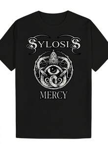 Camiseta Gráfica para Hombre SYLOSIS - Camiseta Casual Negra de Cuello Redondo con Estampado de Ojo y Nudo Celta, Letras SYLOSIS MERCY en Negras y Gruesas, Camiseta Transpirable de Verano, Lavable a Máquina, Ropa para Fanáticos de la Música - Negro - Ver 6