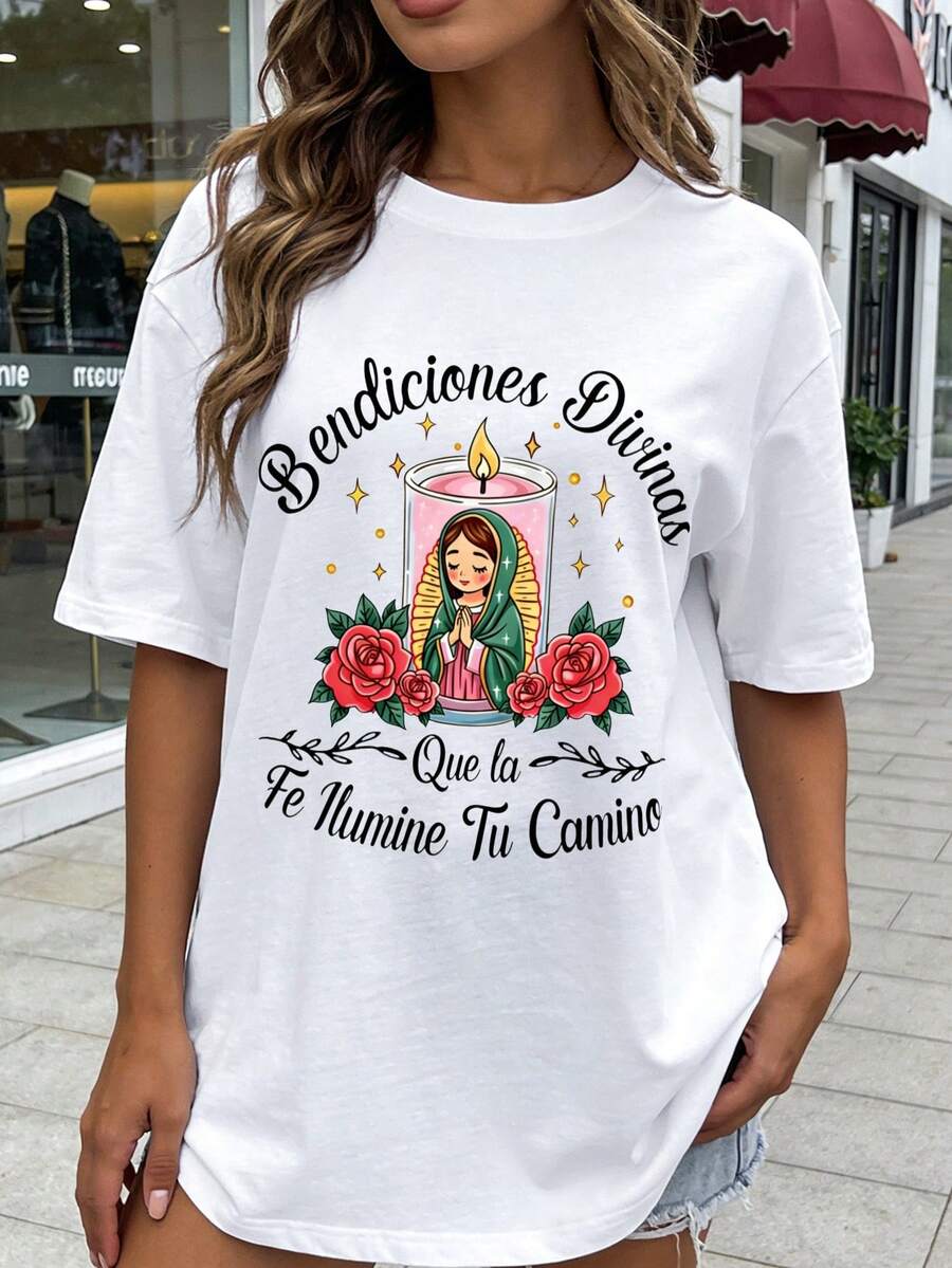 Women's loose fitting T-shirt vest, blessed by Our Lady of Guadalupe, faith illuminates the road, floral print, white casual style top, small round neck short sleeved T-shirt, street style, suitable for home, office, outdoor activities, soft material that fits the skin, good breathability, spiritual gift, Latin fashion, unisex, 100% cotton - Blanco - Ver 1